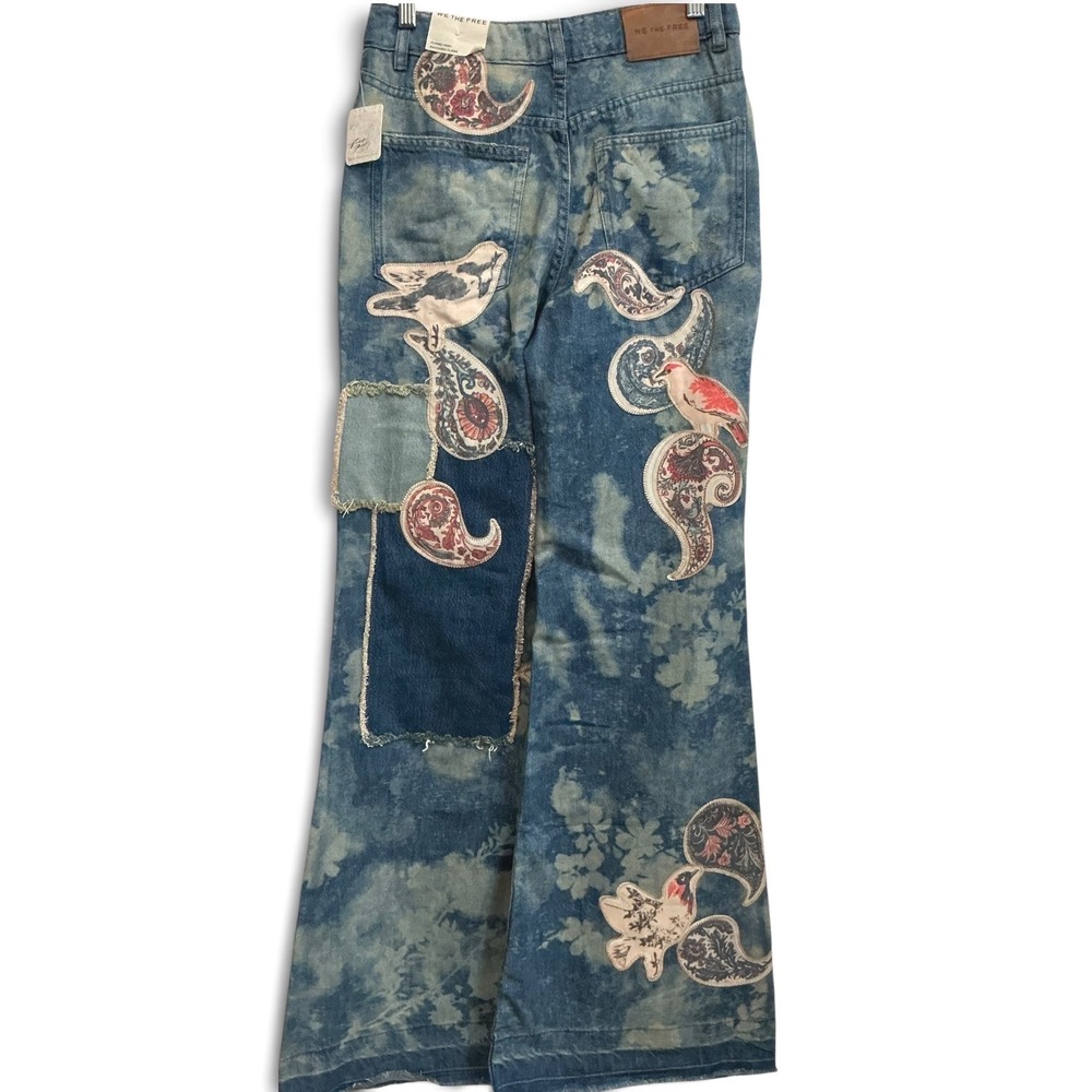 Free People Flying High Patched Jeans We The Free Embroidered Free‎ Birds 26 NWT - Picture 5 of 10